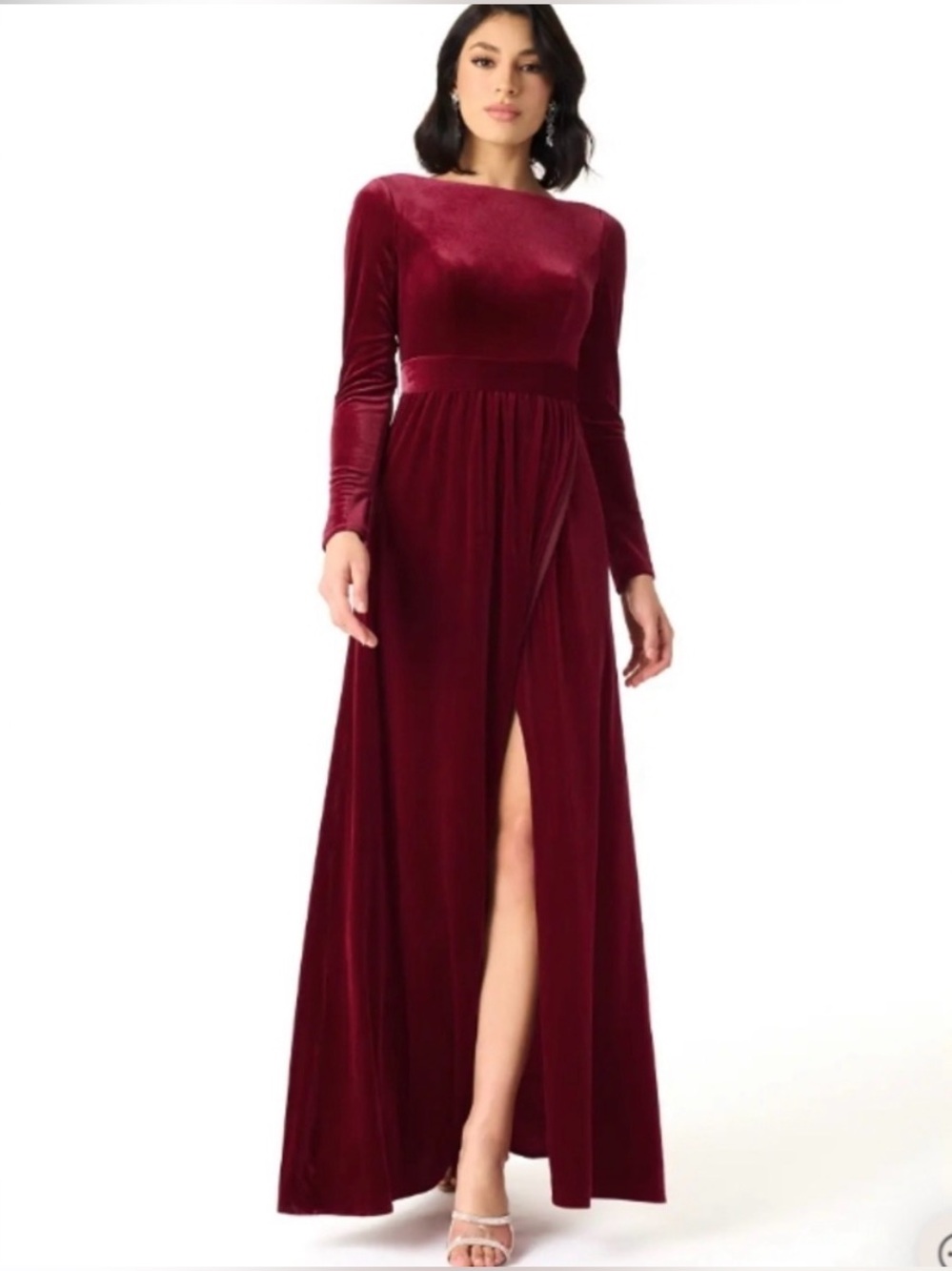 Azazie Brinn Burgundy Red Velvet Maxi Dress Long Sleeves Womens Size 10